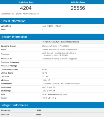 AMD Ryzen 5 1600X Geekbench Stock