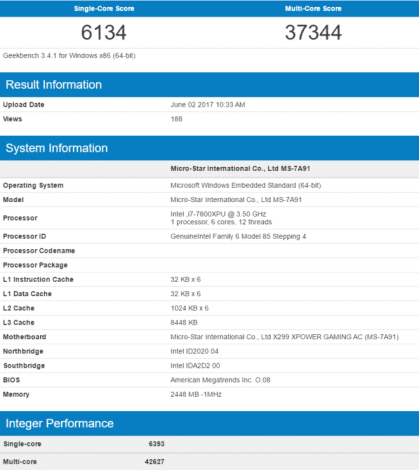 Intel Core i7 7800X Geekbench Stock