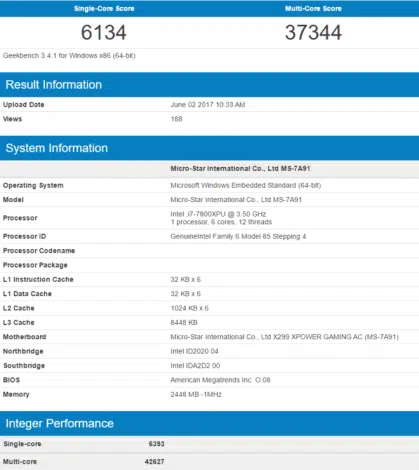 Intel Core i7 7800X Geekbench Stock