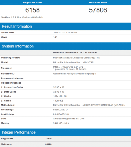Intel Core i9 7900X Geekbench 3 Stock