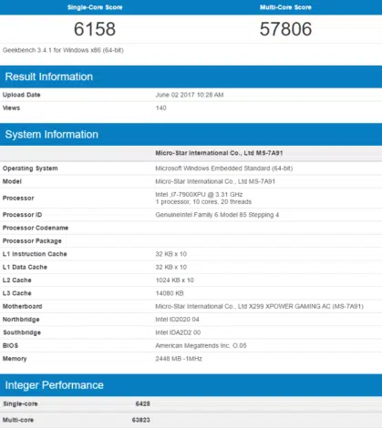 Intel Core i9 7900X Geekbench 3 Stock