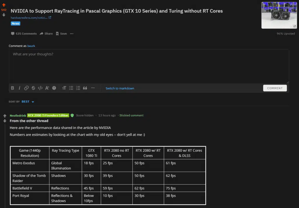 nvidia reddit raytracing gtx 10 series gtx 16 series rendimiento