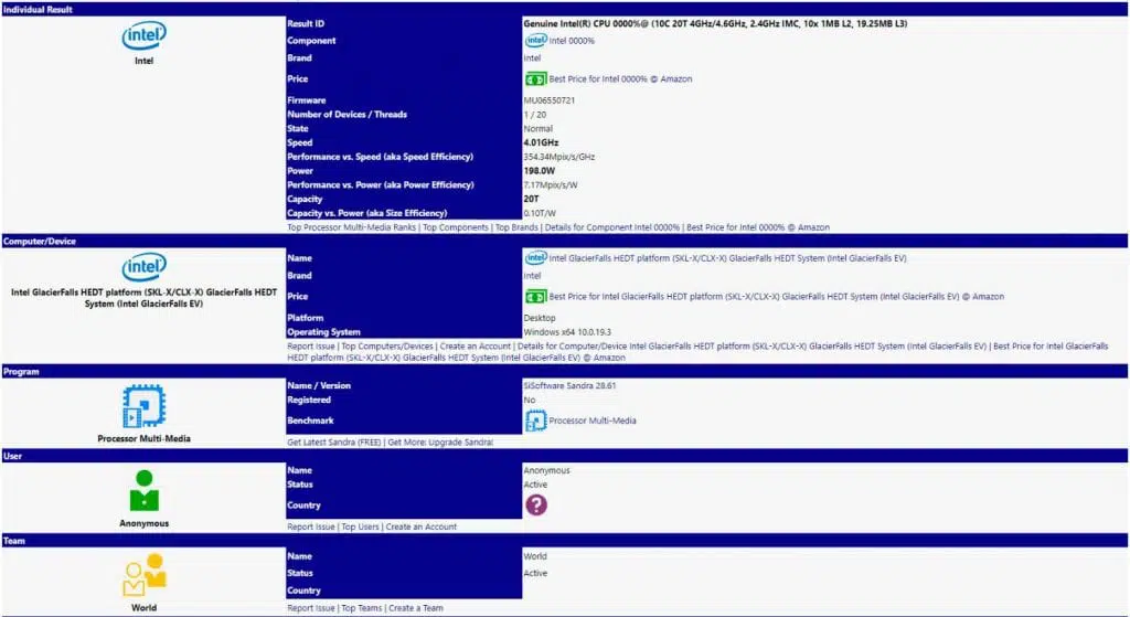 intel cascade lake x sisoftware sandra