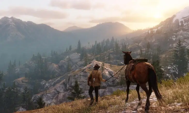 hombre y caballo en la montaña