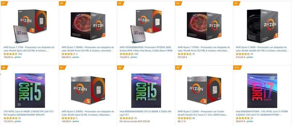 El top 5 de procesadores más vendidos está copado por AMD, estando Intel en la sexta posición