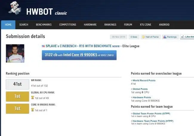 Llevan al Intel Core i9-9900KS hasta los 6.95GHz en todos sus núcleos