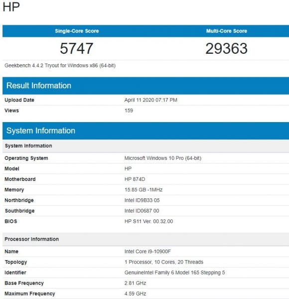 Intel Core i9-10900F geekbench 4