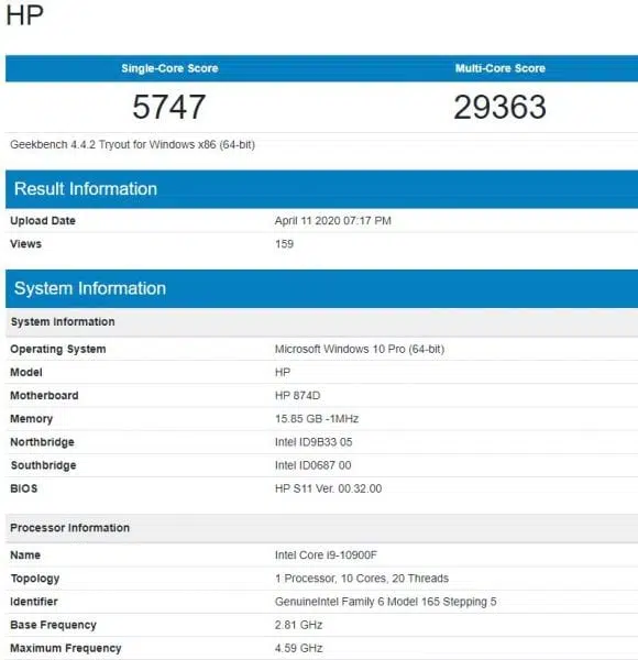 Intel Core i9-10900F geekbench 4