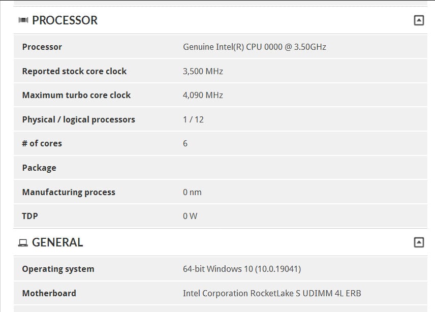 Intel Rocket Lake-S de 6 núcleos y 12 hilos se deja ver bajo el software de bechmark, 3DMark