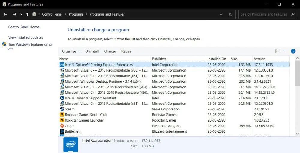 windows 10 Intel Optane Memory Pinning extensions