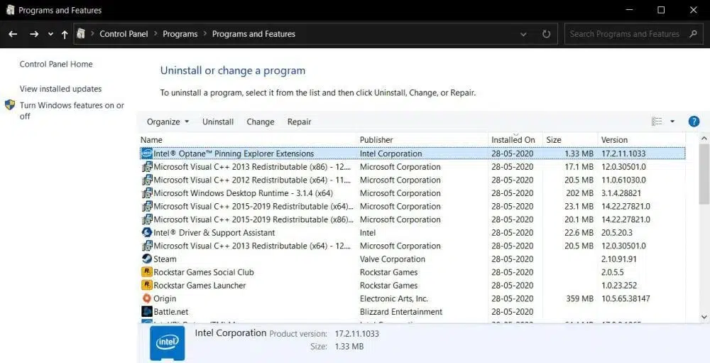 windows 10 Intel Optane Memory Pinning extensions