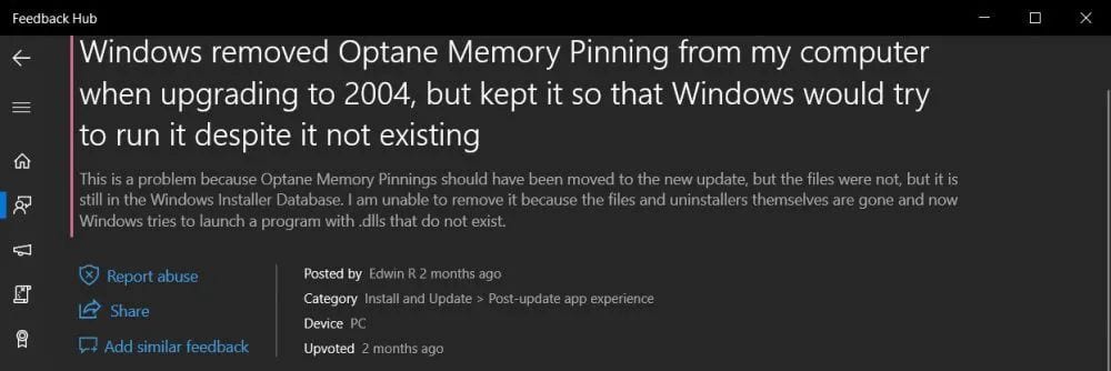 windows 10 Intel Optane Memory Pinning reporte windows insiders