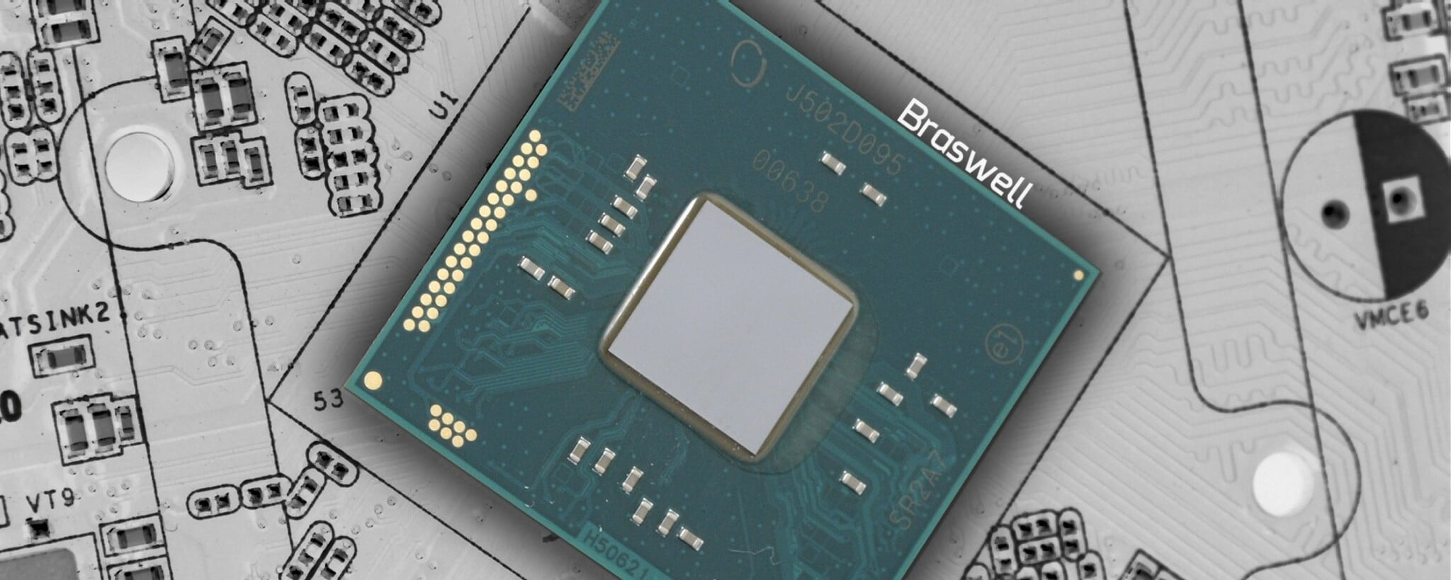 Vista frontal de una CPU BRaswell con conector BGA.