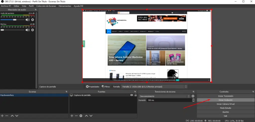grabar pantalla ventana windows 10 con obs