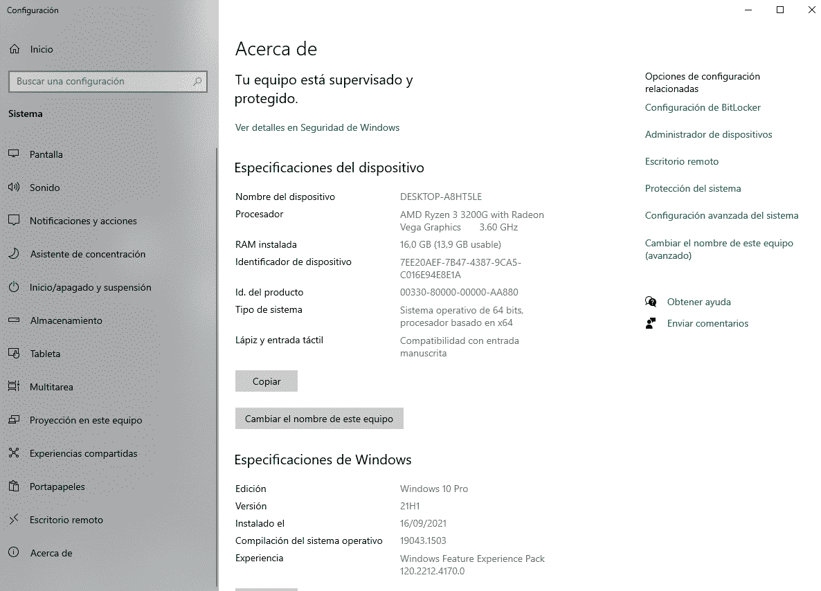 Captura con especificaciones de un PC desde el apartado de Este Equipo