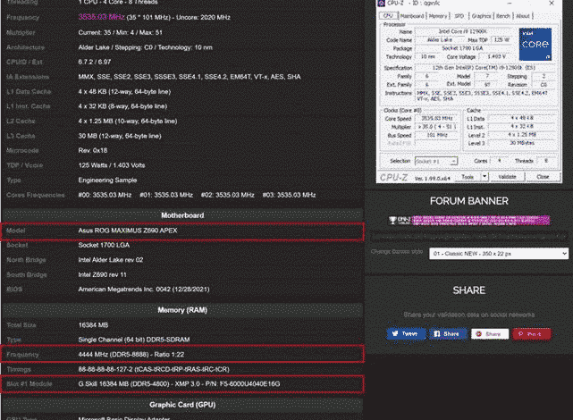 cpu-z g.skill ddr5 cl888 overclocking memoria asus