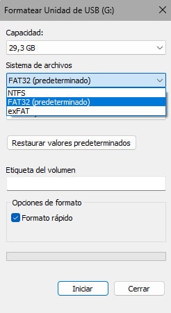 Menú de formateo de Windows