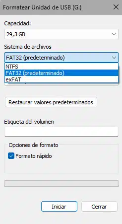 Menú de formateo de Windows