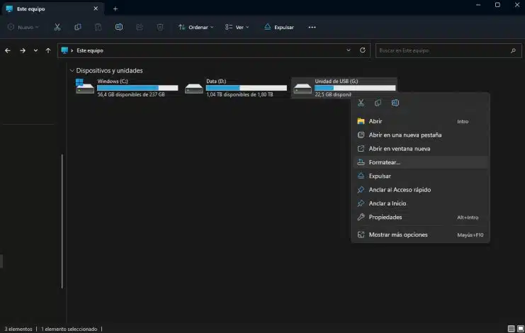 Explorador de Windows mostrando cómo se peude formatear una unidad externa