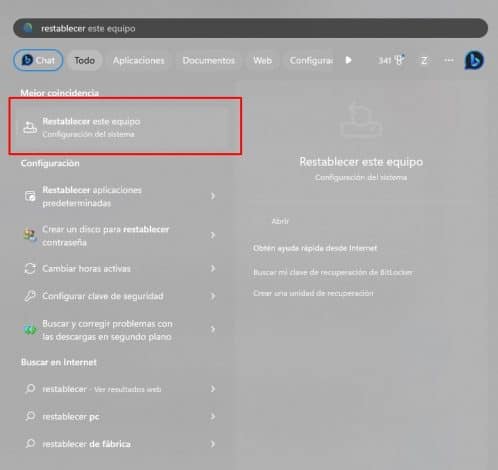 Menú de Inicio de Windows marcando la opción de Restablecer este equipo.