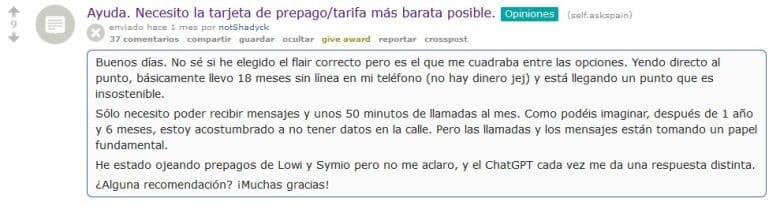 Captura de pantalla de Reddit en la que alguien pregunta tras haber usado ChatGPT