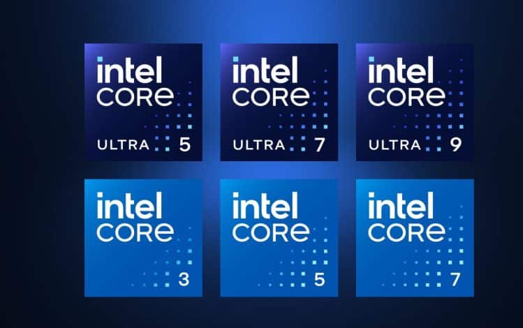 Varios logos de Intel Core e Intel Core Ultra.