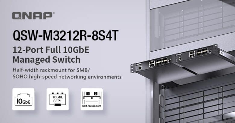 Imagen comercial del switch QSW-M3212R-8S4T de QNAP.
