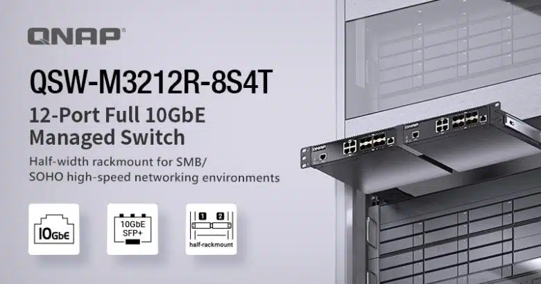 Imagen comercial del switch QSW-M3212R-8S4T de QNAP.