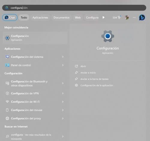 Menú de Inicio buscando configuración para reparar el error 00xc00000e en Windows 11