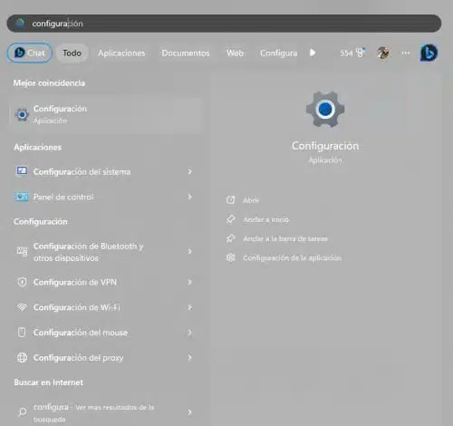 Menú de Inicio buscando configuración para reparar el error 00xc00000e en Windows 11