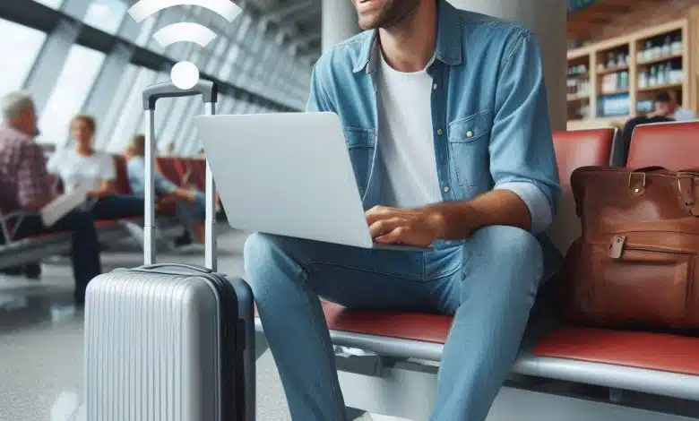 hombre sentado de vacaciones con portatil